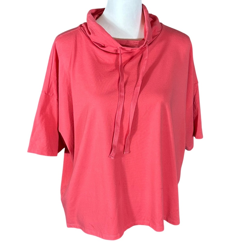 Eileen Fisher Funnel Neck Top Women's Large Watermelon Red Drawstring Crop